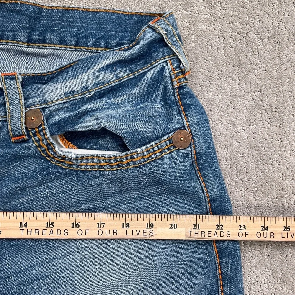 True Religion‎ Jeans Men 38W 32L Blue Distressed Denim Orange Stitching USA